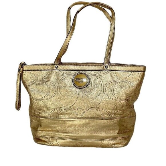 Gold COACH Signature Metallic Tote Bag With Logo & Zip Closure - Picture 9 of 9